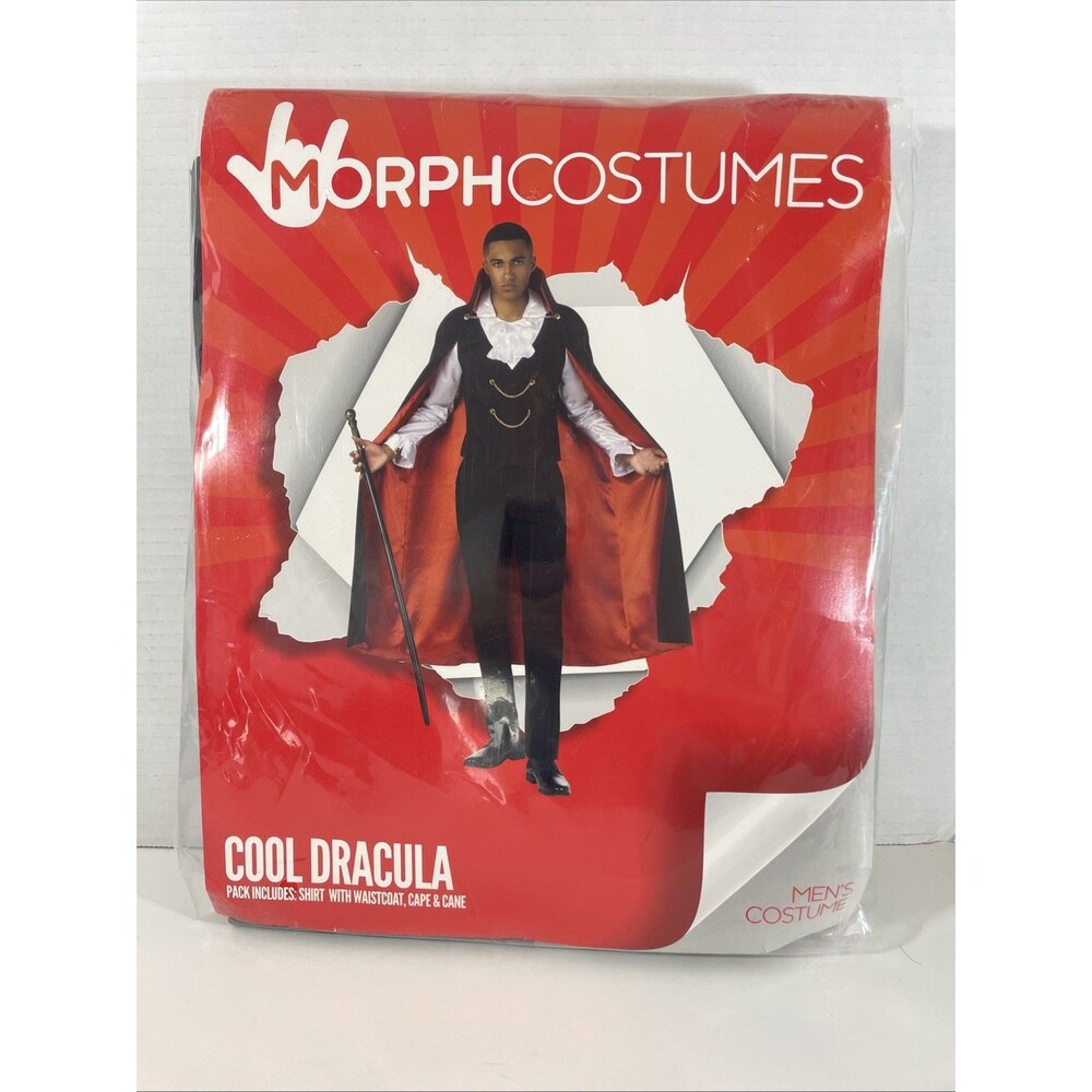 Men`s Vampire Costume Adult Count Dracula Cape + Cane + Shirt Halloween M